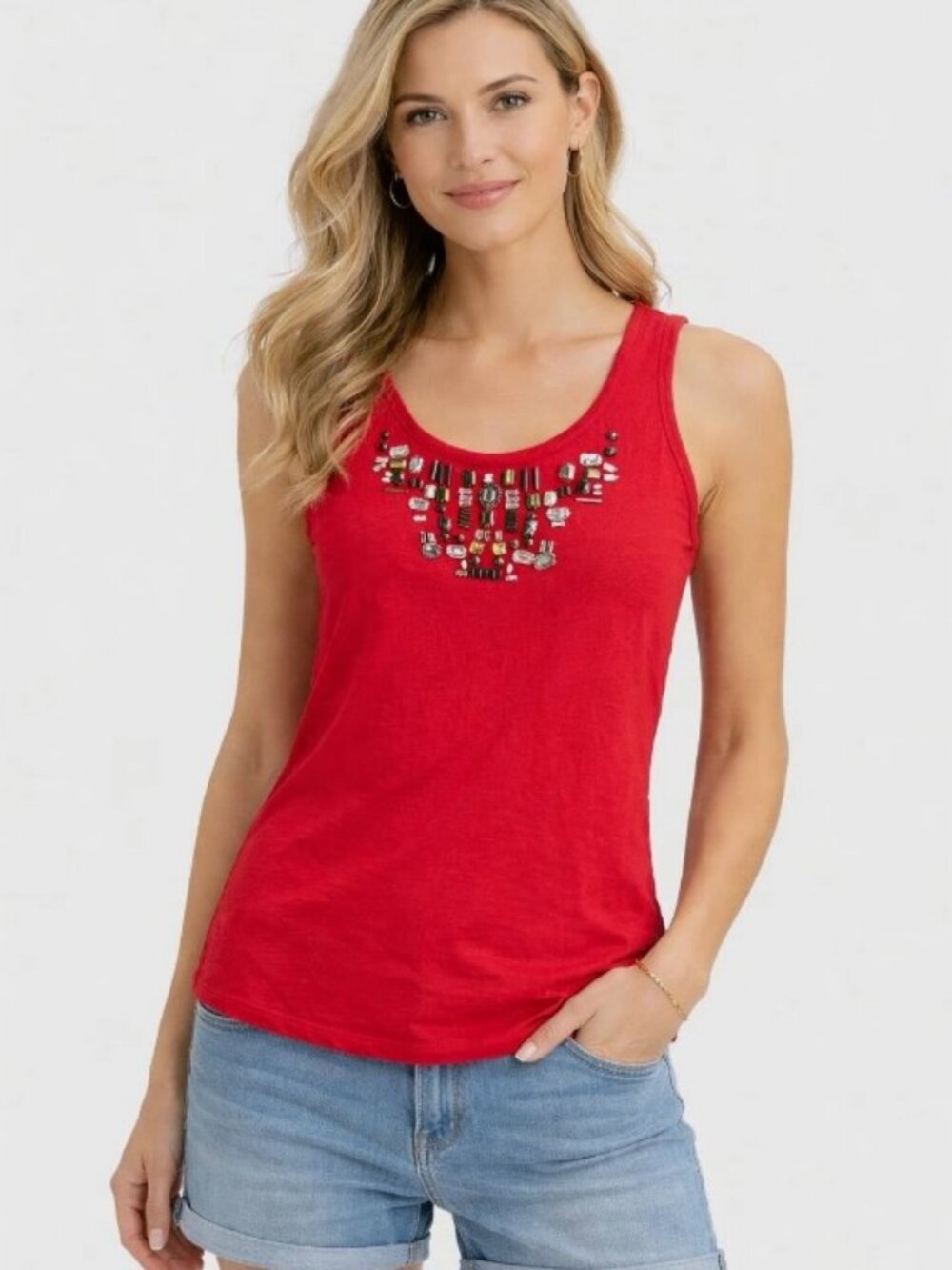 Outback Red Embellished Tank Top Women XS Sleeveless Beaded Cotton